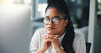 Reading, thinking and computer with business black woman  for legal research, case news and idea. Client feedback, reflection and attorney review with person for lawyer report and online update