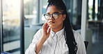 Office, neck pain and woman with poor posture, thinking and injury at work, bookkeeping and serious. Contemplating, employee and black person with muscle tension, hurt and accountant with sprain