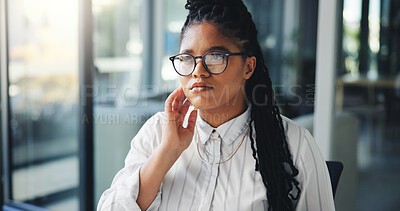Buy stock photo Thinking, serious and woman with glasses in office, bookkeeper and planning for payroll and digital. Reflection, accountant and black person with eyewear for project, app or tech for financial report