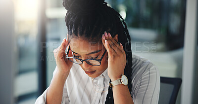 Buy stock photo Stress, black woman and headache with glasses at office for burnout, fatigue or overworked. Female person, journalist or tired employee with eye strain for fail, pressure or deadline at workplace