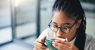 Buy stock photo Happy, coffee and black woman in office with relax, calm or peaceful on break with creative career. Drinking, glasses and African female editor with cappuccino in morning for publishing at agency.