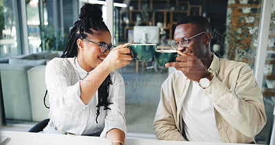 Buy stock photo Coffee, teamwork and cheers with business people in office for caffeine break, collaboration or success. Partnership, drinking tea and achievement with African employees in agency for toast on profit