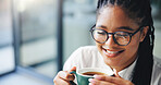 Smile, coffee and black woman in office with break, calm or peaceful reading for creative research. Happy, glasses and African female editor with cappuccino in morning with publishing at agency.