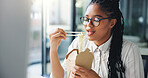 Business, black woman or eating by computer in office for working break, reading blog and hungry. Media agency, journalist and ramen fast food for nutrition, submission deadline or proofreading draft