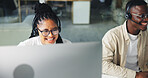 Happy, business people and computer with headset for customer service at call center office. Woman, man or consultants with smile for virtual assistance, agency help or online advice at workplace