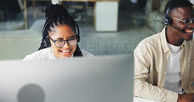 Buy stock photo Happy, business people and computer with headset for customer service at call center office. Woman, man or consultants with smile for virtual assistance, agency help or online advice at workplace