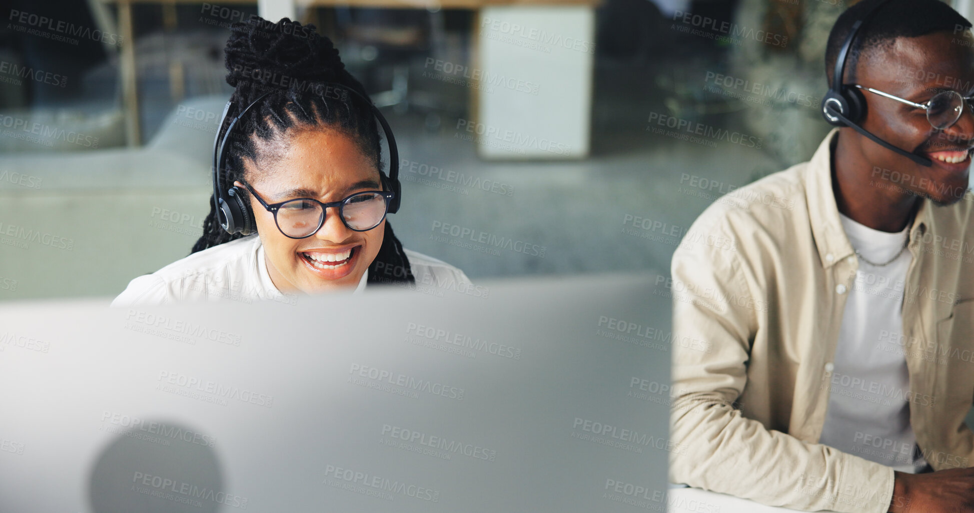 Buy stock photo Happy, business people and computer with headset for customer service at call center office. Woman, man or consultants with smile for virtual assistance, agency help or online advice at workplace