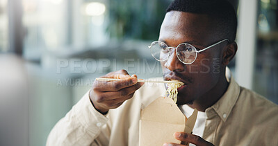 Buy stock photo Business, black man or eating by computer in office for working break, reading article and hungry. Media agency, journalist and chinese takeout for lunch, submission deadline and proofreading blog