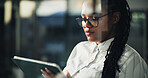 Business, reading and black woman with tablet in office for copywriting, research story or blog. Window, digital technology or creative worker online for review, content writing or editing newsletter
