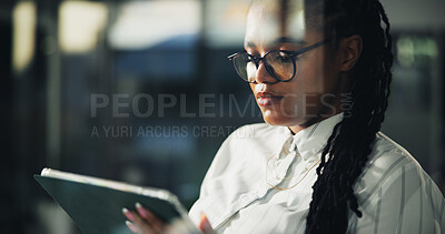Buy stock photo Business, reading and black woman with tablet in office for copywriting, research story or blog. Window, digital technology or creative worker online for review, content writing or editing newsletter