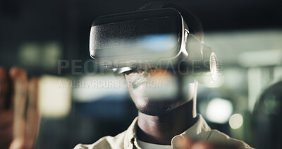 Buy stock photo Night, black man and VR tech in office with interaction, user experience and design at window. Late work, reflection and employee with AR goggles for virtual editing, creativity or future application