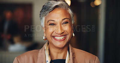 Buy stock photo Investor, excited and mature businesswoman with portrait for investment project or venture capital. CEO, happy or executive director in office with confidence, private equity or finance experience