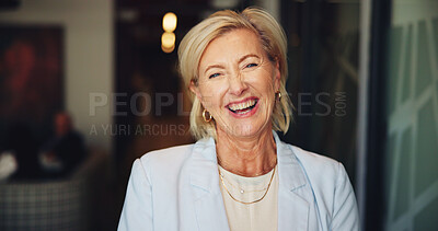 Buy stock photo Investor, laughing and mature businesswoman with portrait for investment project or venture capital. CEO, happy or executive director in office with funny joke, private equity or finance experience 
