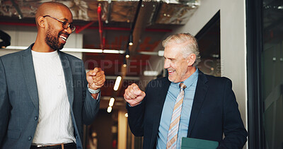 Buy stock photo Happy, men and fist bump for business deal, success and smile for investment property and agreement. Celebration, real estate agent and excited for opportunity, victory and partnership with client