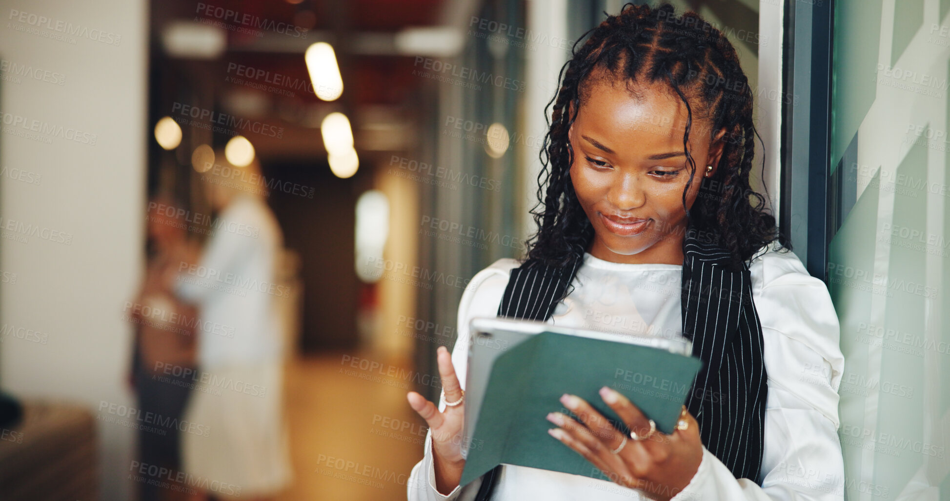 Buy stock photo Woman, tablet and typing with smile at art gallery with checklist, review and contact for deal. Person, curator and happy with tech, scroll and app with schedule for exhibition, auction and sales