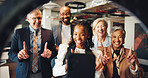 Woman, selfie and business people with smile, team or ring light with finger, solidarity or support. Group, staff and curator at art gallery with promo video, happy or symbol for post on social media