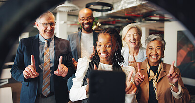 Buy stock photo Woman, selfie and business people for smile, team or ring light with finger, live stream and support. Influencer, staff and curator at art gallery for promo video, symbol and dance on social media