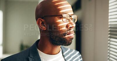 Buy stock photo Thinking, window and business black man in office for strategy, problem solving and investment. Finance consultant, corporate and person with solution, insight and planning for financial proposal