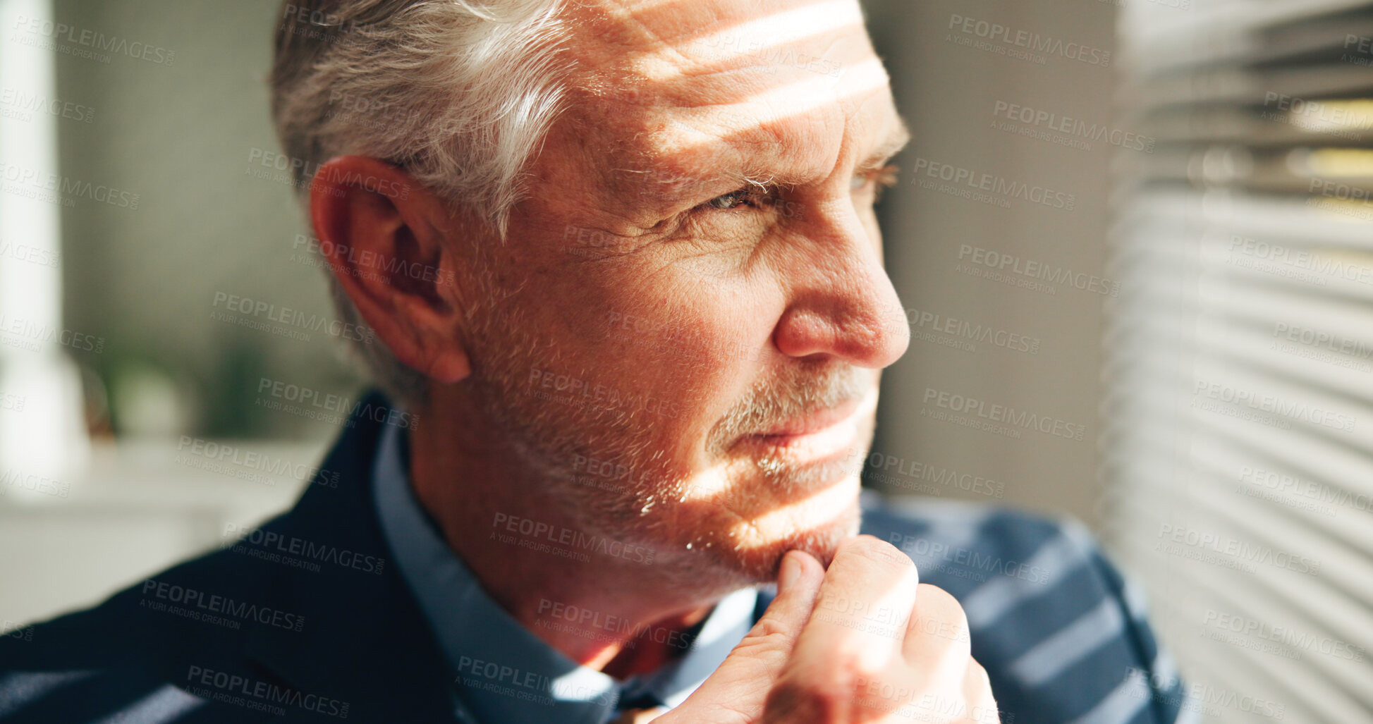 Buy stock photo Thinking, window and business man in office for strategy, problem solving and investment choice. Finance manager, corporate and mature person with solution, insight or planning for financial proposal