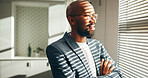 Thinking, happy and business black man by window for strategy, problem solving and investment. Finance consultant, corporate and person with solution, insight and planning for financial proposal