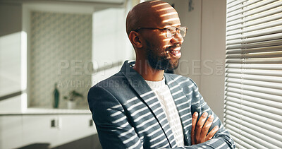 Thinking, happy and business black man by window for strategy, problem solving and investment. Finance consultant, corporate and person with solution, insight and planning for financial proposal