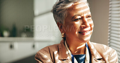 Buy stock photo Smile, vision and window with business woman in office for inspiration, planning or thinking. Face, sunlight and view with happy mature employee in corporate workplace for future, idea or opportunity