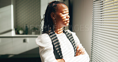 Buy stock photo Thinking, window and business black woman in office for strategy, problem solving and investment. Finance consultant, corporate and person with solution, insight and planning for financial proposal