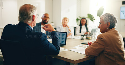 Buy stock photo Collaboration, meeting and back with business people in office for planning, project management or report. Consulting, graphs and laptop with employee in agency for strategy, feedback or research