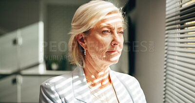 Buy stock photo Thinking, window and business mature woman in office for reflection, problem solving and decision. Finance consultant, corporate and serious person with solution, insight and financial planning