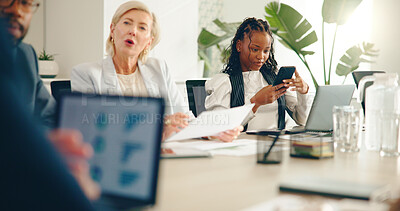 Buy stock photo Business, meeting and team in office for finance, company budget and explain expenses at tech. People, discussion and paperwork in boardroom for financial planning, audit briefing and risk management