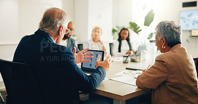 Buy stock photo Businessman, meeting or laptop in office for finance, company budget or explain expenses. Mature CEO, tech or back in boardroom for financial discussion, audit briefing or risk management at charts