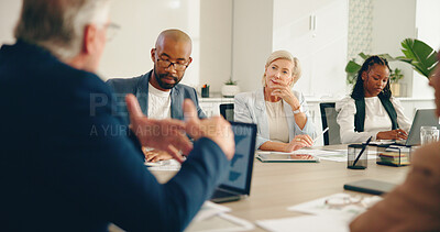 Buy stock photo Business, discussion and people in office for finance, company budget and explain expenses at tech. Team, meeting and feedback in boardroom for financial planning, audit briefing and risk management