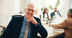 Portrait, mature and happy businessman with confidence for coworking at investment meeting. CEO, smile and leader with corporate financial executive, manager or professional boss with pride in office