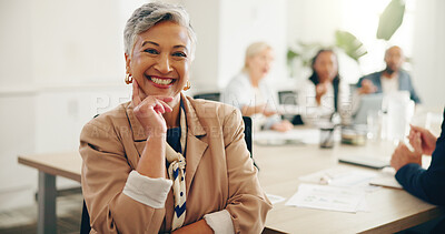 Buy stock photo Mature, portrait and meeting with business woman in office strategy, mentorship and broker consultant. Boss, happiness and account manager with female employee for financial advisor and smile