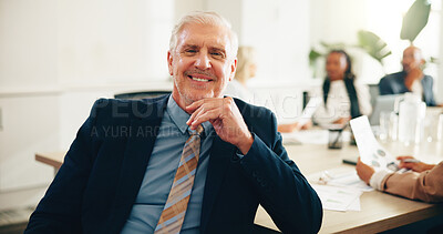 Buy stock photo Portrait, mature and happy businessman in office for coworking at insurance meeting. CEO, smile and confident leader with corporate executive, risk manager or professional coverage advisor with team