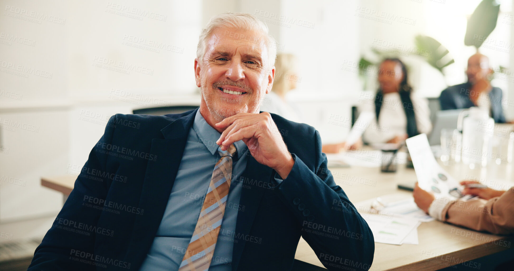 Buy stock photo Portrait, mature and happy businessman in office for coworking at insurance meeting. CEO, smile and confident leader with corporate executive, risk manager or professional coverage advisor with team