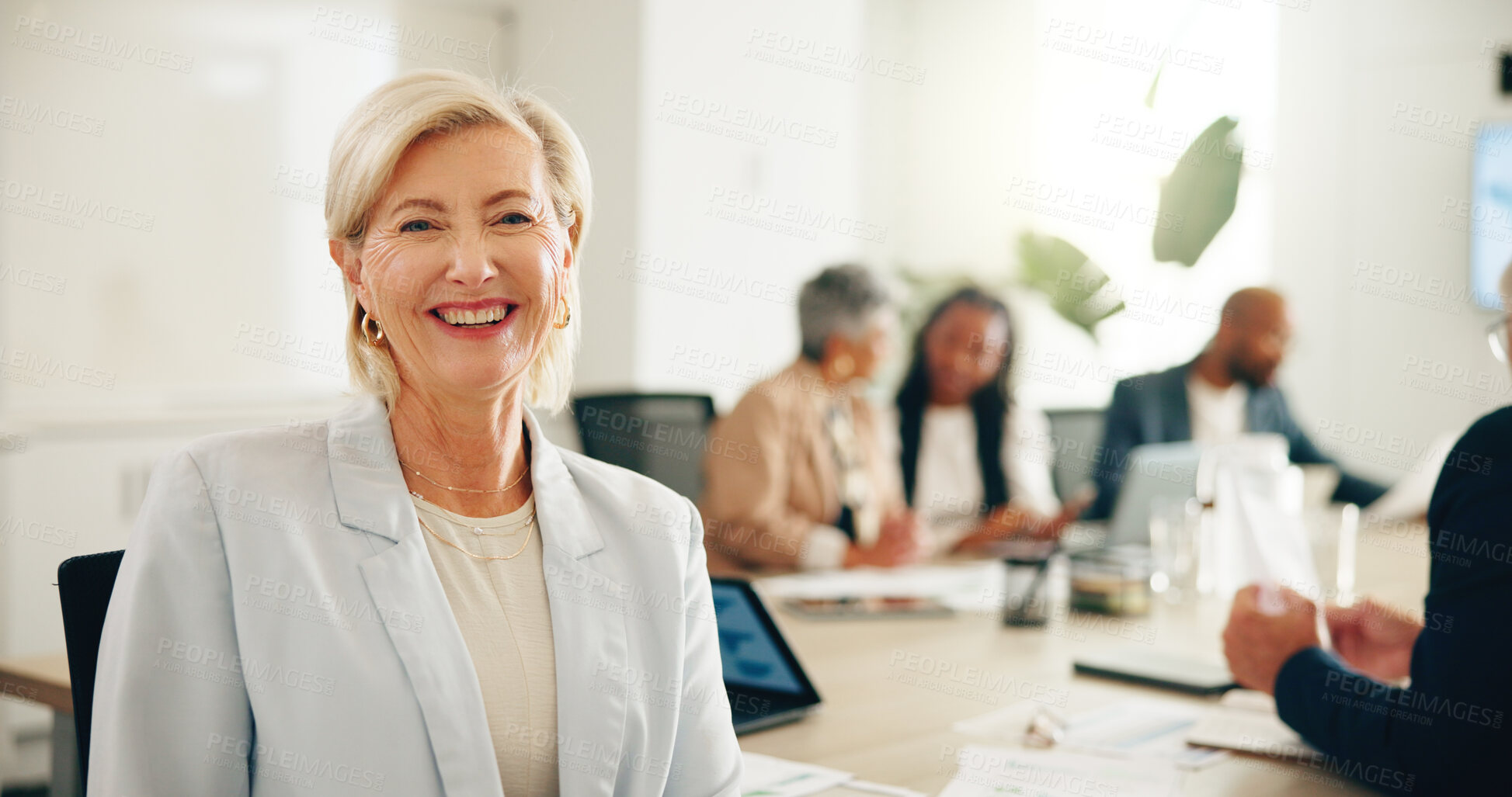 Buy stock photo Mentor, portrait and meeting with business woman in office for strategy, brainstorming and workshop. Planning, happy and collaboration with mature employee in agency for partnership and CEO feedback