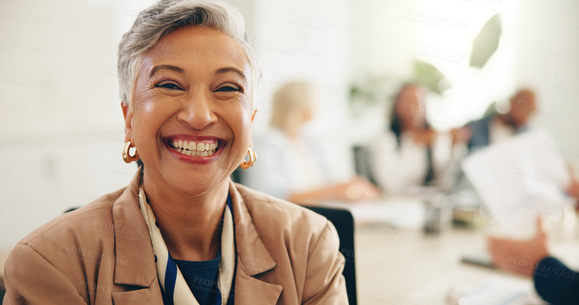 Buy stock photo Portrait, mature and happy businesswoman in office for coworking at insurance meeting. CEO, smile or confident leader with corporate executive, risk manager or professional coverage advisor with team