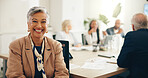Portrait, mature leader and happy businesswoman in office for coworking at insurance meeting. CEO, smile and confident corporate executive, risk manager or professional coverage advisor with team