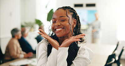 Buy stock photo Excited, portrait and meeting with business woman in office for strategy, brainstorming and workshop. Planning, happy and collaboration with employees in agency for partnership and positive feedback