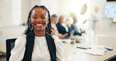 Buy stock photo Smile, portrait and meeting with business woman in office for strategy, internship and pride. Planning, happy and account consultant with employee for learning opportunity and portfolio manager