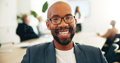 Buy stock photo Happy, portrait and businessman in meeting for corporate presentation or campaign at office. Man, employee or organizer with smile for business growth, development or event planning at workplace