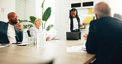 Buy stock photo Business people, presentation and woman in office, meeting and planning with company development. Group, collaboration or workshop for productivity increase, speaker or seminar for growth information