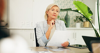 Buy stock photo Business woman, document and listen in meeting for finance pitch, investment request and proposal. Financial stakeholder, mature person and paperwork in office for funding negotiation and feedback