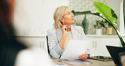 Buy stock photo Business woman, document and listen in presentation for finance pitch, investment request or seminar. Stakeholder meeting, mature person and paperwork in office for budget proposal report or feedback