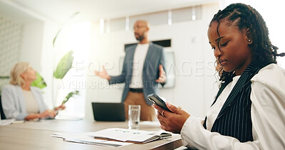 Buy stock photo Phone, meeting and distracted with business woman in office for policy violation, rude and bad employee. Poor performance, workshop conduct and reading with people in agency for company etiquette