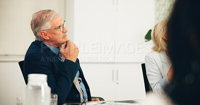 Buy stock photo Business man, boardroom or listen in presentation for finance pitch, funding request and feedback. Financial stakeholders, mature person and discussion in office for investment briefing and proposal