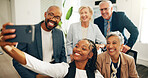 Corporate, selfie and colleagues with smile, happiness and profile picture for celebration or laugh. Meeting, people and photography of team in office, memory and post for social media or online