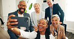 Corporate, selfie and colleagues with smile, laugh and profile picture for celebration or happiness. Meeting, people and photography of team in office, memory and post for social media or online