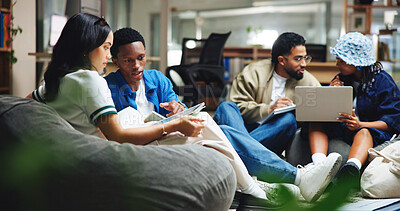 Buy stock photo College, students or group with tech, online and research to prepare for exam, education or late study. University, people or learn with tablet for scholarship, conversation or plan for test at night